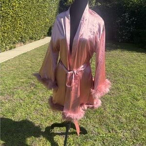Elegant Pink Satin Robe with Fur Trim